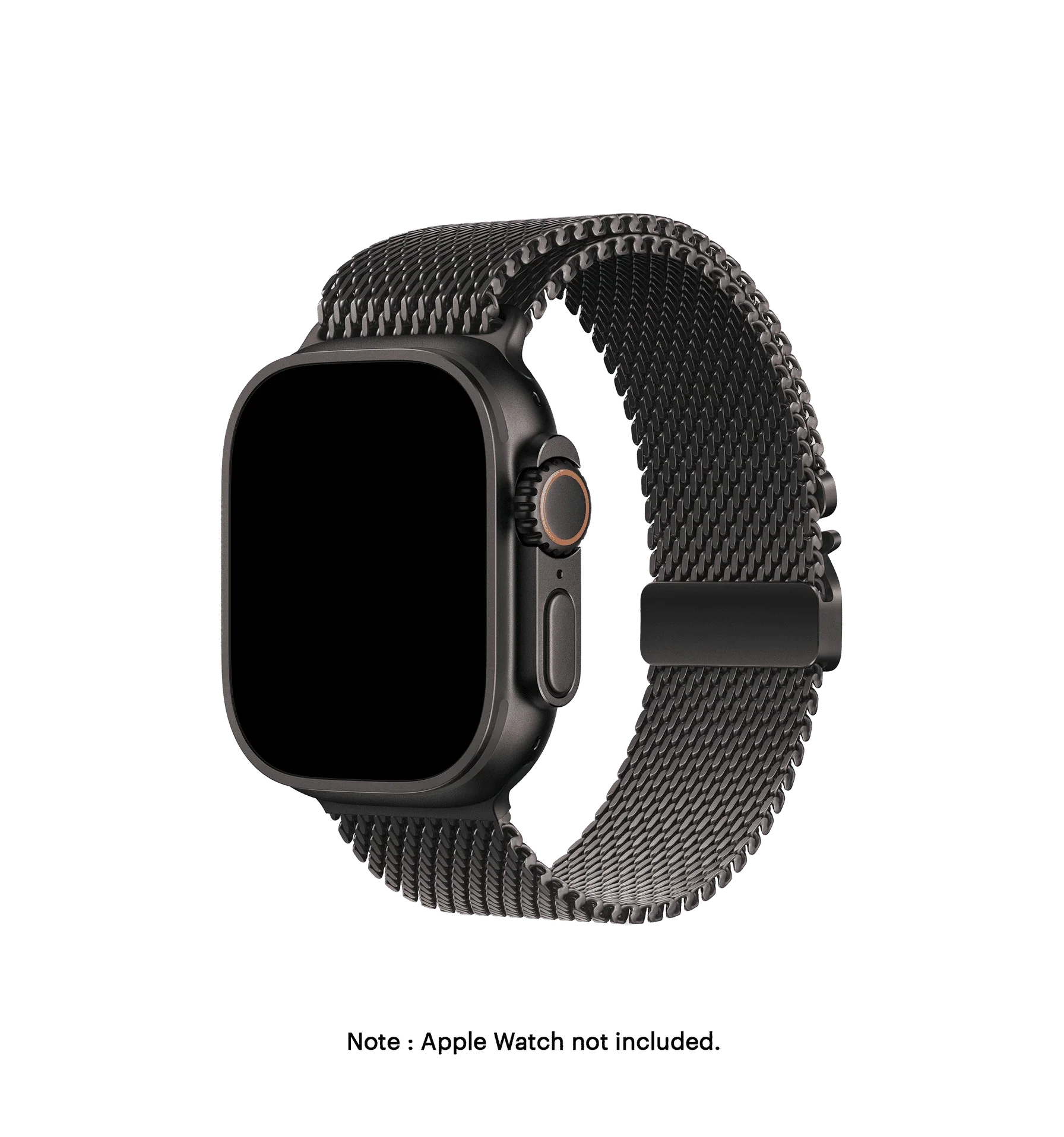 Milanese Loop 2.0 Apple Watch Band in black, featuring a parachute-style buckle for secure fit and installation.